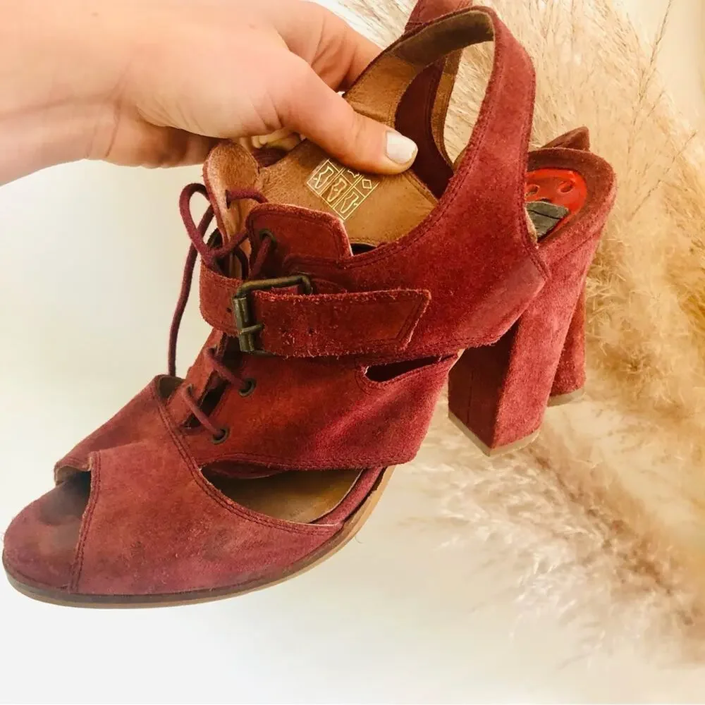 ANTHROPOLOGIE SCHULER SONS Maroon Burgundy Sling Back Lace Block Heels Sandals - Picture 8 of 12